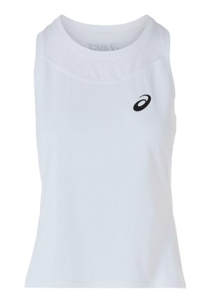 Hvid atletisk tanktop med rund halsudskæring og åndbare mesh-paneler; har en lille sort logo på venstre brystområde.