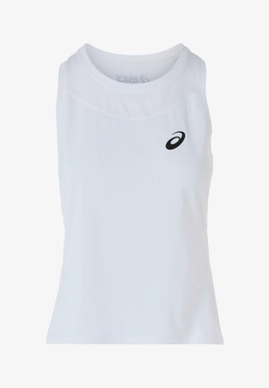 Hvid atletisk tanktop med rund halsudskæring og åndbare mesh-paneler; har en lille sort logo på venstre brystområde.