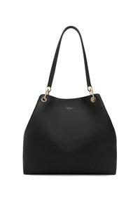 Black leather bucket bag with gold-tone hardware, two shoulder straps, and a textured surface. Features a minimalistic design and logo detail.