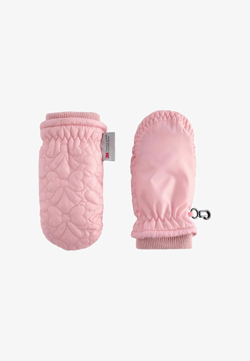 Rozā kviltējumi cimdi ar teksturētu loku rakstu vienā pusē, elastīgi aproces un daļas klips. Mīksta auduma ar gludu apdari.