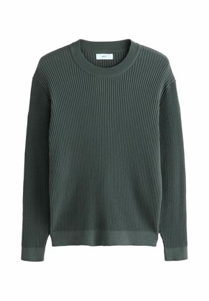 Pulover de culoare verde închis, cu model cu nervuri, cu mâneci lungi și decolteu rotund. Textura este ușor reliefată, oferind un aspect confortabil.