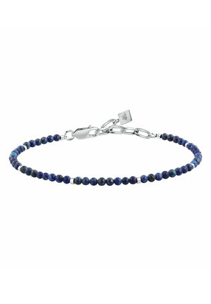 Braccialetto con piccole perline tonde blu scuro, perline distanziali in argento, e un moschettone in argento con catena regolabile e ciondolo quadrato.