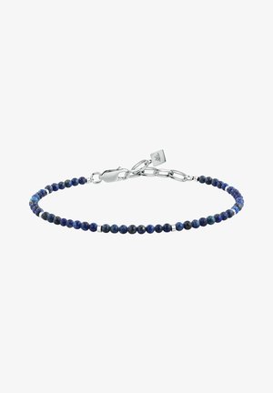 Braccialetto con piccole perline tonde blu scuro, perline distanziali in argento, e un moschettone in argento con catena regolabile e ciondolo quadrato.
