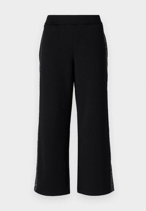 Black wide-leg pants with a smooth texture, featuring lace trim on the sides and an elastic waistband for comfort.