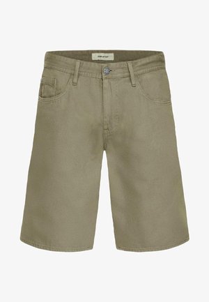 Ανδρικά casual σορτς σε χακί χρώμα με μπροστινό κουμπί, φερμουάρ, θηλιές για ζώνη και πλαϊνές τσέπες.