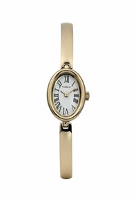 Gouden Timex ovaal horloge met een witte wijzerplaat, zwarte Romeinse cijfers en een gladde metalen armband. Inclusief een zij kroon voor aanpassingen.