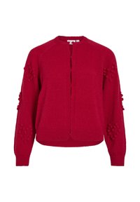 Cárdigan rojo de punto con cuello redondo, abierto por delante y detalles de pompones texturizados en las mangas. Material suave de peso medio con puños de canalé.