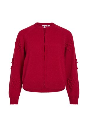 Röd stickad cardigan med rund hals, öppen framsida och texturerade bollar på ärmarna. Mjuk, medelviktig material med ribbade muddar.