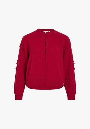 Cárdigan rojo de punto con cuello redondo, abierto por delante y detalles de pompones texturizados en las mangas. Material suave de peso medio con puños de canalé.