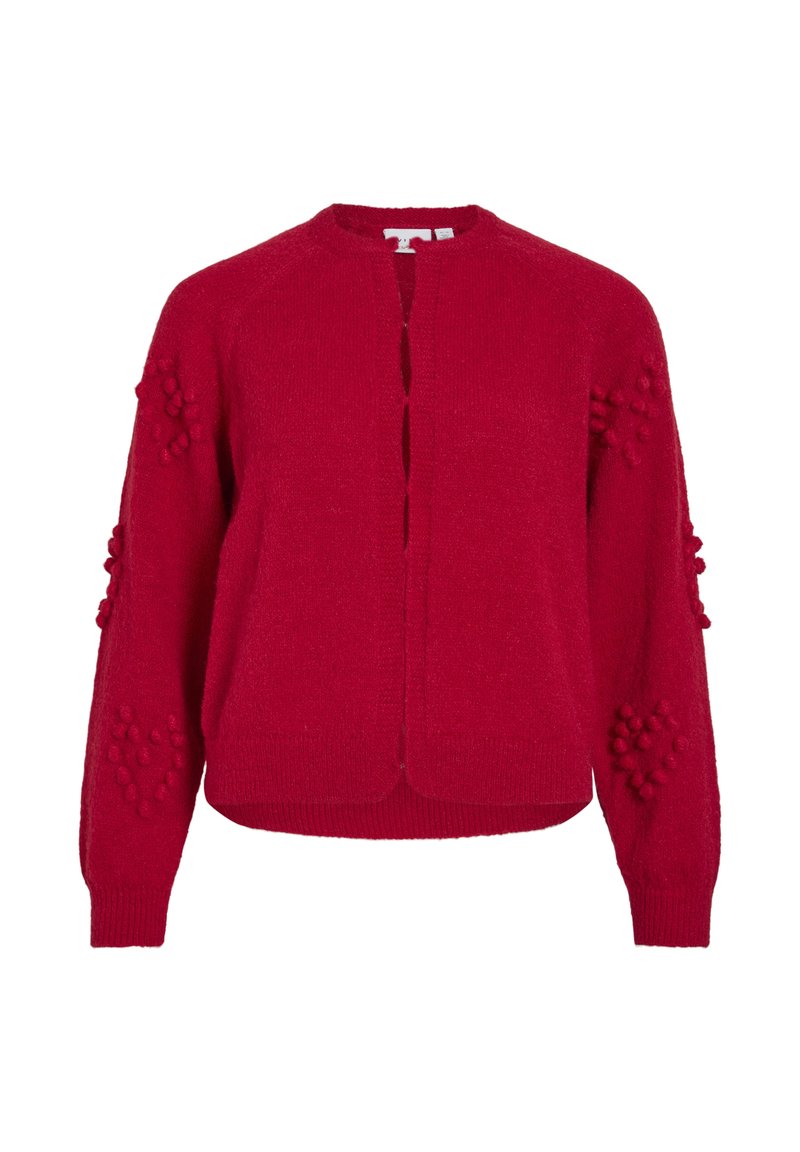 Cárdigan rojo de punto con cuello redondo, abierto por delante y detalles de pompones texturizados en las mangas. Material suave de peso medio con puños de canalé.