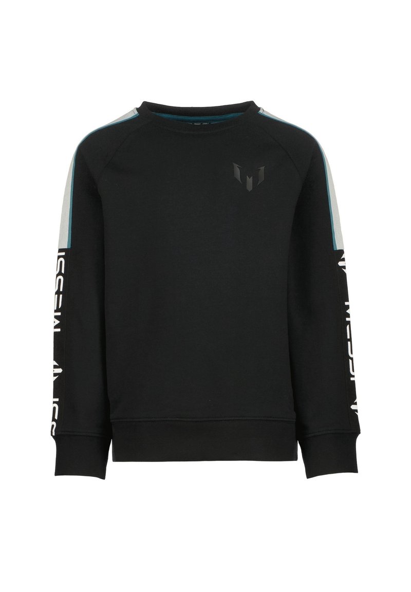 Czarny sweatshirt z rękawami raglanowymi, posiada niebieskie i szare akcenty, logo na piersi oraz tekst na rękawach. Miękki materiał, luźny krój.
