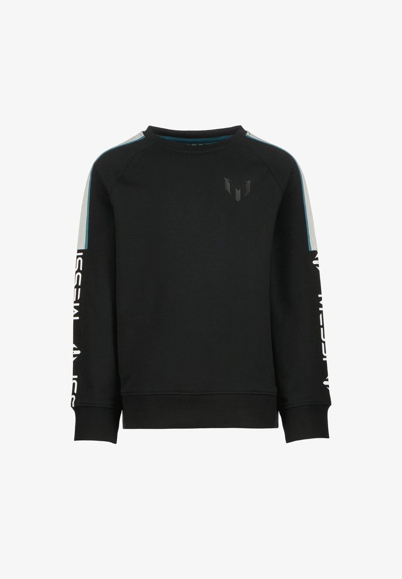 Czarny sweatshirt z rękawami raglanowymi, posiada niebieskie i szare akcenty, logo na piersi oraz tekst na rękawach. Miękki materiał, luźny krój.