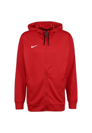 Veste à capuche rouge Nike avec fermeture éclair à l'avant et cordons noirs, avec logo blanc Nike swoosh sur le côté gauche de la poitrine.