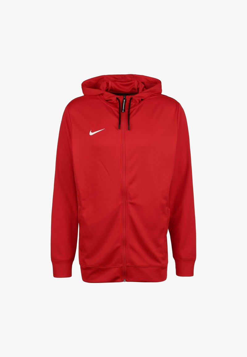 Veste à capuche rouge Nike avec fermeture éclair à l'avant et cordons noirs, avec logo blanc Nike swoosh sur le côté gauche de la poitrine.