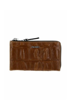 Portefeuille zippé en cuir marron avec texture crocodile et logo "PICARD" argenté sur le devant.