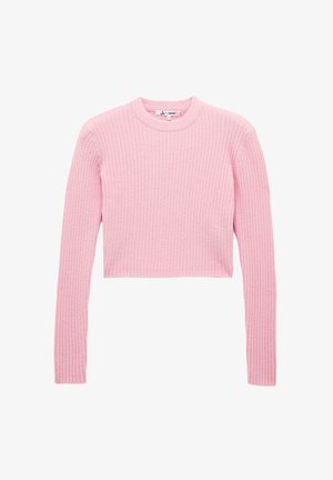 Vaaleanpunainen, lyhyt ribbikuvioinen neulepaita pitkillä hihoilla ja pyöreällä pääntiellä. Valmistettu pehmeästä materiaalista, jossa on teksturoitu pinta. Ei näkyvää metalliosaa.