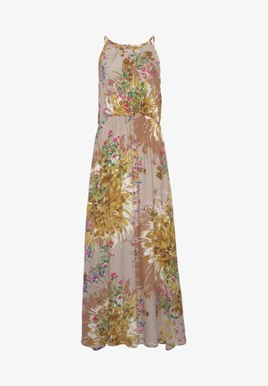 Maxikleid mit floralem Muster in Beige, Gold, Pink und Grün. Verfügt über dünne Träger und eine taillierte Silhouette, gefertigt aus leichtem Stoff.