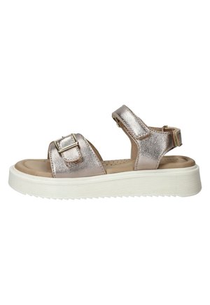 Zilverkleurige metallic sandaal met twee verstelbare bandjes, een gevoerd beige voetbed en een dikke witte geribbelde zool.