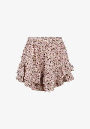Pantalones cortos con volantes de flores en rosa claro, con cintura elástica y detalle de dobladillo en capas.