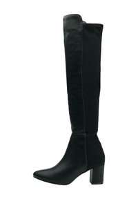 Knee-high black boots with a smooth leather finish, pointed toe, and a block heel. Features a fitted shaft and minimal stitching detail.