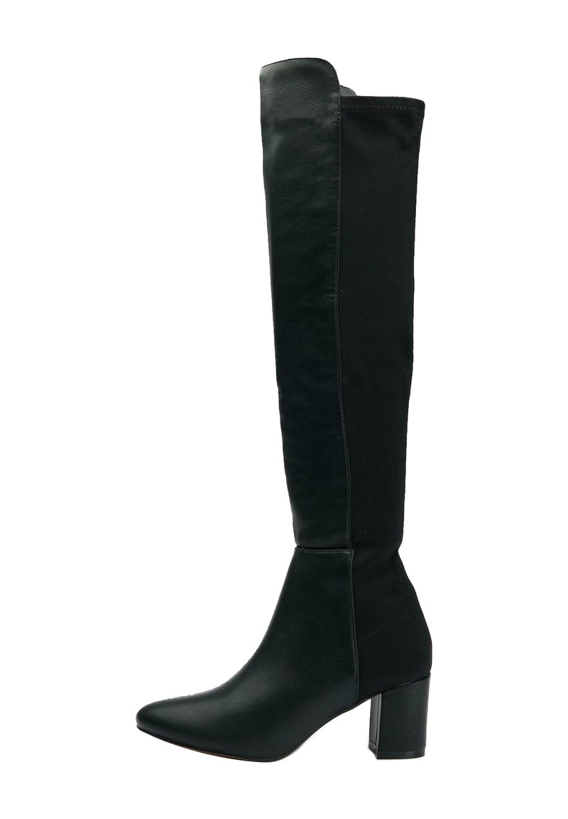 Knee-high black boots with a smooth leather finish, pointed toe, and a block heel. Features a fitted shaft and minimal stitching detail.