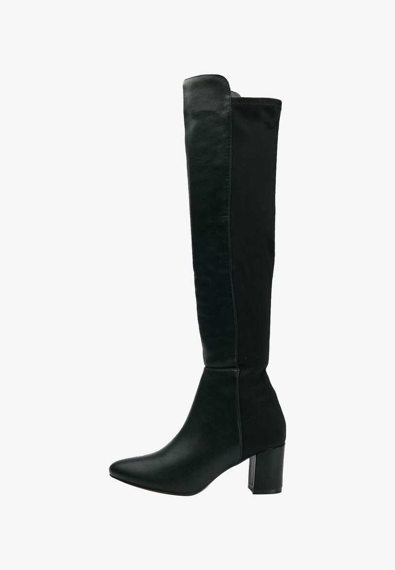 Knee-high black boots with a smooth leather finish, pointed toe, and a block heel. Features a fitted shaft and minimal stitching detail.