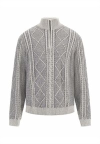 Maglione grigio lavorato a maglia con motivi a diamante e treccia, collo, polsini e orlo a coste, dotato di chiusura a mezza zip sul davanti.