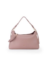 Borsa a mano in pelle rosa con design strutturato, dotata di manico superiore e tracolla regolabile, impreziosita da dettagli in oro e logo.