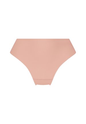 Nude naadloze bikini slipjes met een gladde afwerking, hoge uitsnijdingen en een ontwerp met gematigde bedekking. Zachte stof zonder zichtbare naden.