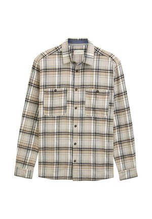 Bežs četrkrāsu krekliņš ar tumši zilu un brūnu rakstu, divām krūšu kabatām, pogājamu priekšpusi un garām piedurknēm, izgatavots no mīksta auduma.