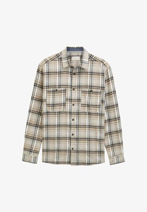 Bežs četrkrāsu krekliņš ar tumši zilu un brūnu rakstu, divām krūšu kabatām, pogājamu priekšpusi un garām piedurknēm, izgatavots no mīksta auduma.