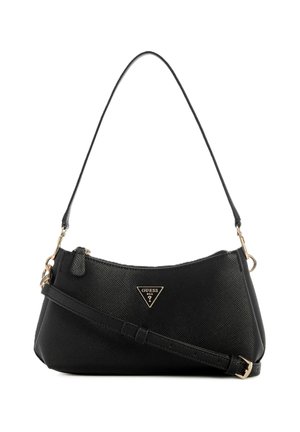 Sac d'épaule Guess noir texturé avec bandoulière réglable et garnitures dorées, avec une plaque triangulaire du logo Guess à l'avant.