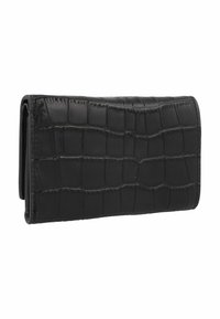 Portefeuille en cuir noir au motif crocodile, de forme rectangulaire, avec une texture lisse, présentant des bords surpiqués et un profil mince.