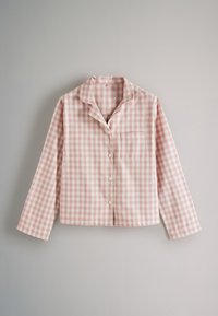 Kockás rózsaszín és fehér pizsamapóló hosszú ujjakkal, kihajtós gallérral, elülső zsebbel és gombos záródással. Szőtt pamut anyag.