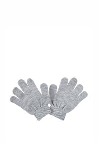 Un par de guantes de invierno de punto gris con puños acanalados, dispuestos sobre un fondo blanco.