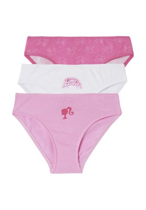 Three pairs of cotton briefs in pink and white. One features a silhouette pattern, another has a "Barbie" print, and the last displays a logo.