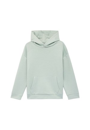 Lichtgrijze hoodie met lange mouwen, kangoeroezak en capuchon, weergegeven op een effen witte achtergrond.