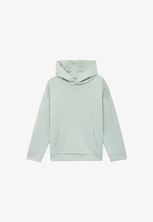Hellgrauer Hoodie mit langen Ärmeln, Kängurutasche und Kapuze, dargestellt auf weißem Hintergrund.