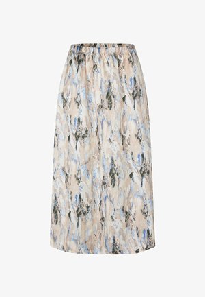 Kergelt beež lillene mustriga midi seelik, millel on sinised ja rohelised abstraktsed kujundid. Elastne vöökoht ja voolav tekstuur.