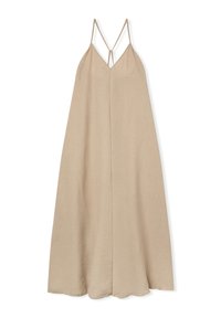 Abito beige senza maniche realizzato in tessuto testurizzato, con scollatura a V e spalline incrociate. Silhouette fluida con forma a trapezio.