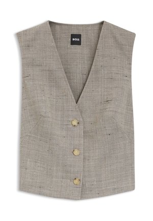 Beige linnen mouwloze vest met diepe V-hals, drie beige knopen aan de voorkant en een zwart "BOSS" label aan de binnenkant van de kraag.