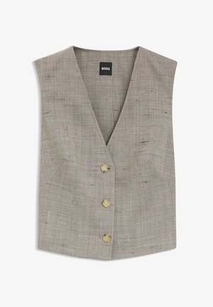 Beige linnen mouwloze vest met diepe V-hals, drie beige knopen aan de voorkant en een zwart "BOSS" label aan de binnenkant van de kraag.