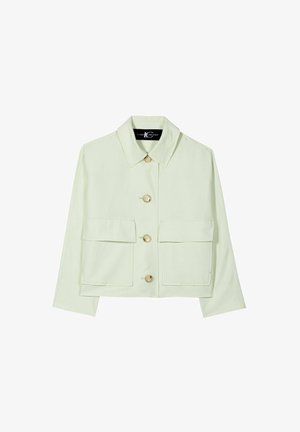 Light beige cropped jacket with pointed collar, four front buttons, and two large flap pockets.