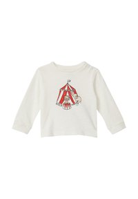 Witte lange mouwen babyshirt met een rood-wit circus tent, een leeuw op een voetstuk en een olifant grafiek aan de voorkant.