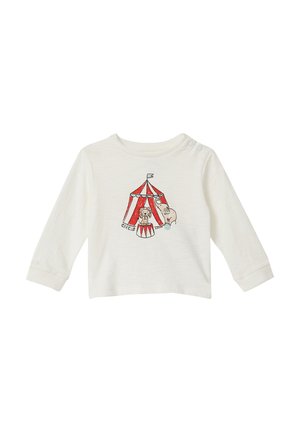 Weißes Langarm-Babyshirt mit rotem und weißem Zirkuszelt, Löwen auf einem Sockel und Elefant-Grafik auf der Vorderseite.