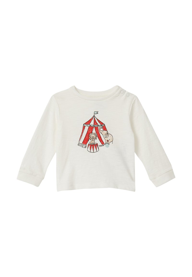 Witte lange mouwen babyshirt met een rood-wit circus tent, een leeuw op een voetstuk en een olifant grafiek aan de voorkant.