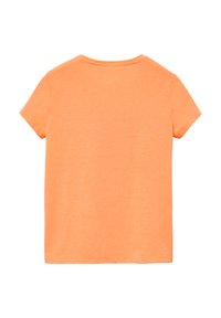 Kurzarm-T-Shirt in leuchtendem Orange, aus weichem Baumwollstoff, mit rundem Halsausschnitt und lockerer Passform. Glatte Textur, unifarben ohne Muster.