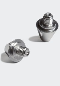 Two shiny, silver metal screws with a conical shape, prominent threading, and a flat base for secure fitting.