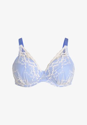 Sujeción ligera azul celeste con detalles de encaje blanco, soporte con aro y tirantes ajustables.