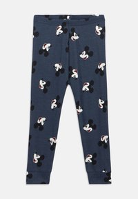 Legice z motivom Mickeyja Mousea v temno modri barvi, narejene iz mehke tkanine. Imajo ponavljajoče se risane obraze in manšete na gležnjih.